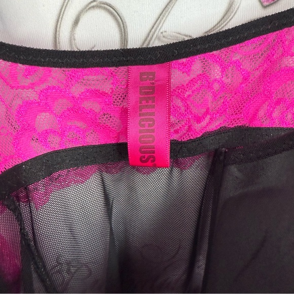 B delicious mini dress Sheer Black Chemise with Pink Lace Trim Elegant Nightwear - Picture 12 of 15